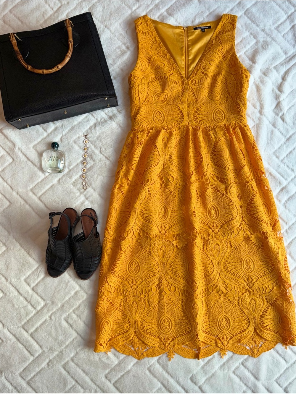 Marigold Yellow Floral Lace V-Neck Dress